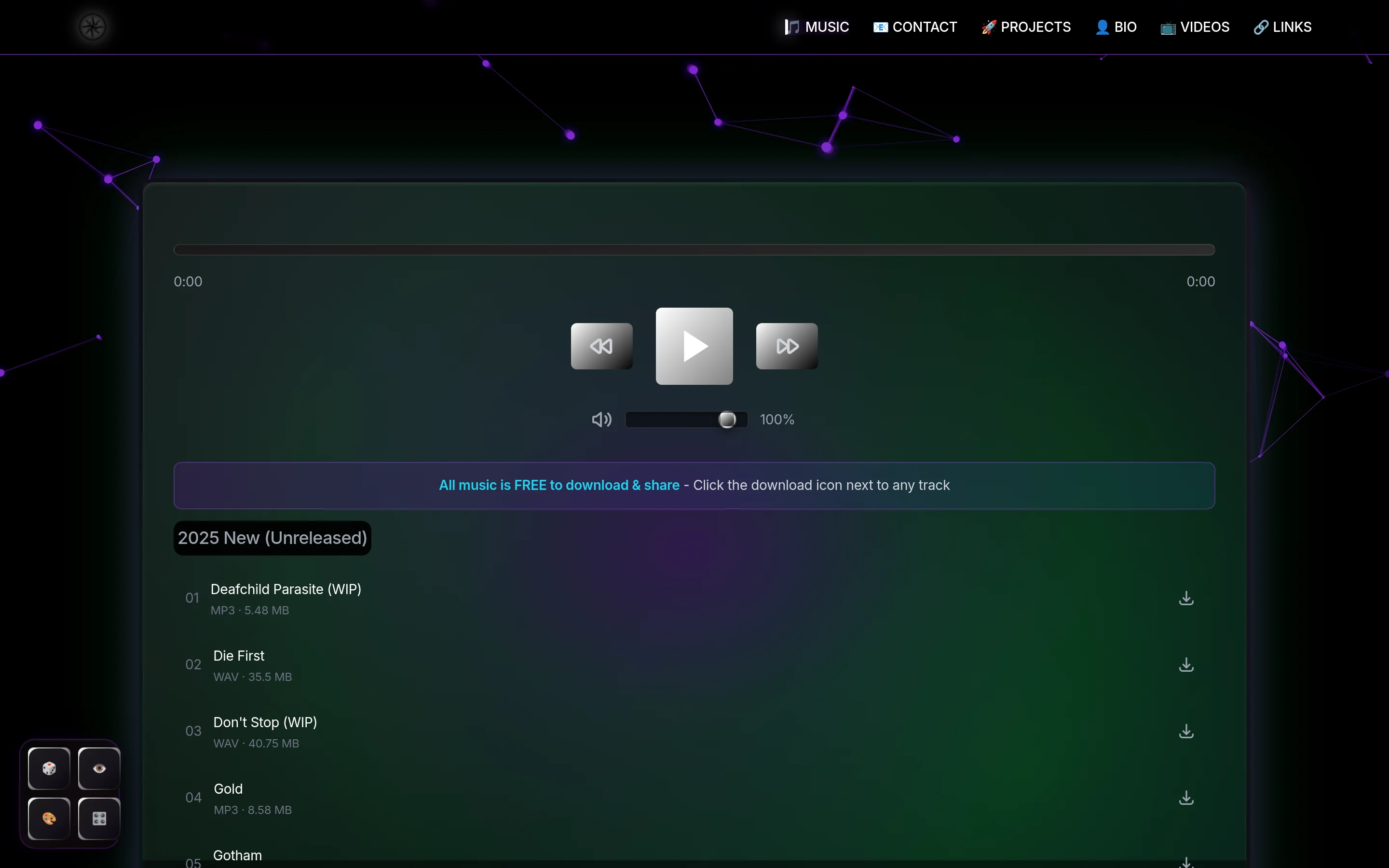 Deadend Deafchild — Industrial-electronic artist site with a hand-rolled PHP CMS, audio-reactive visuals, and an admin that watches the room.