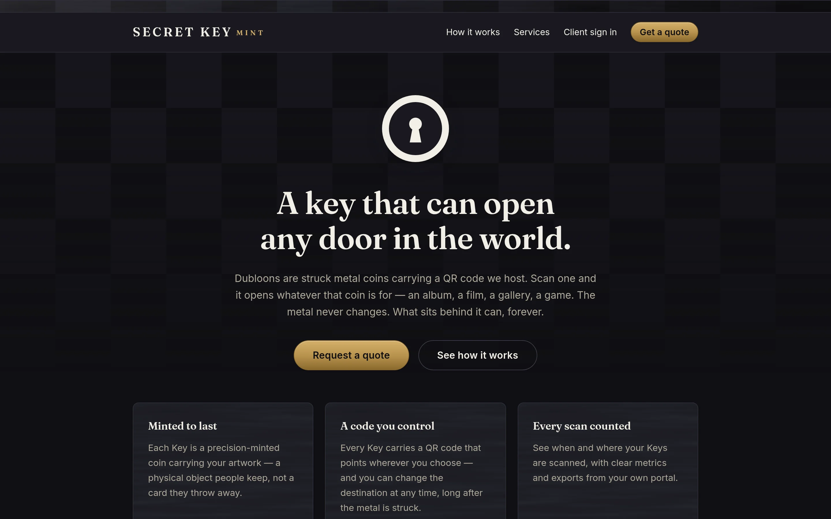 Dubloons — Struck metal collectibles whose QR code opens a media experience we host — not a link that will one day rot.