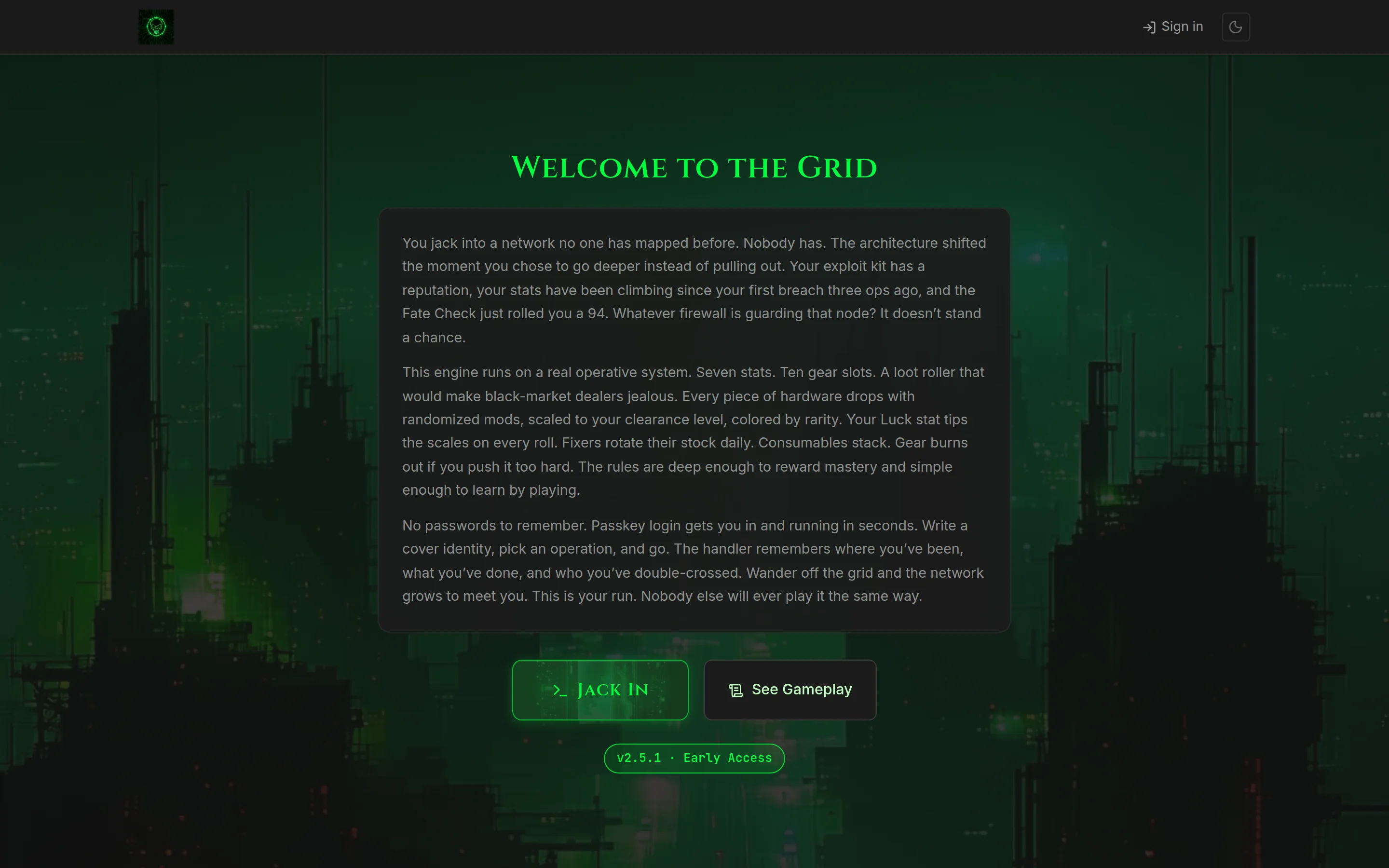 Grim Syndicate — A dystopian sci-fi text RPG where every choice echoes through the grid.