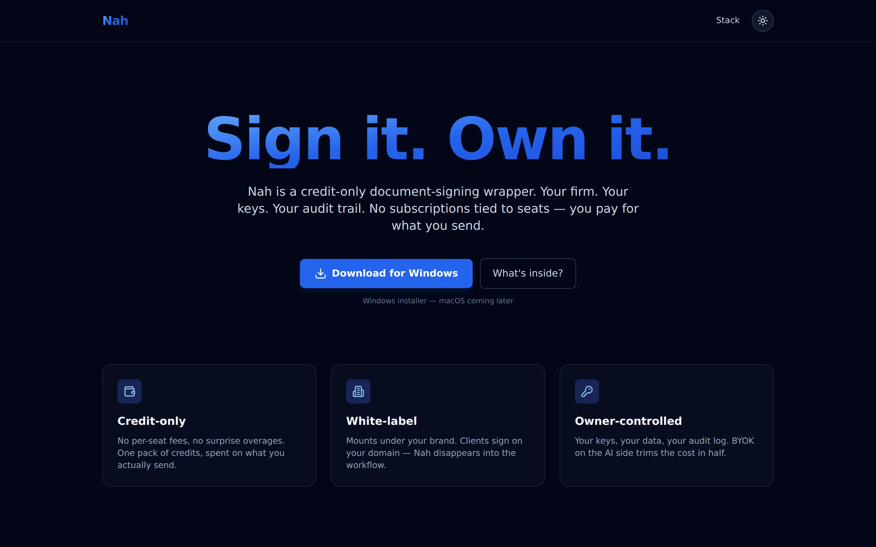 Nah — Credit-only white-label wrapper over Firma.dev signing — desktop, web portal, admin, marketing, all one monorepo.