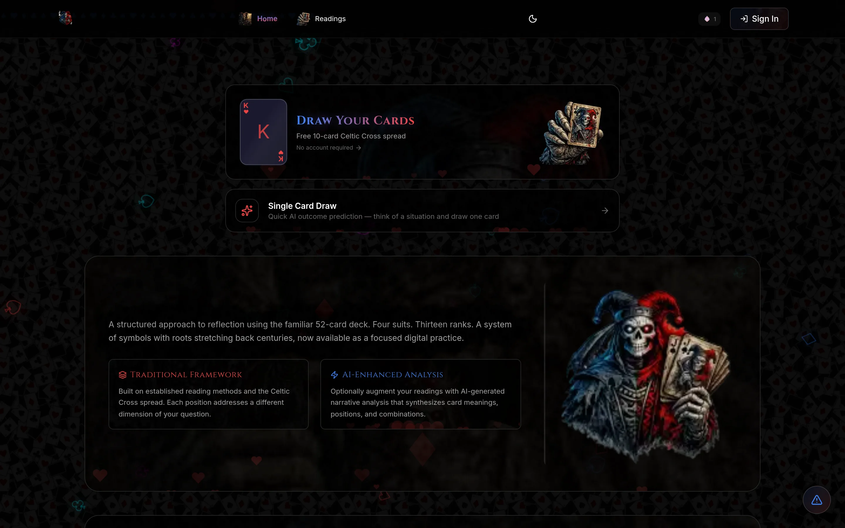 Playing Card Tarot — Cartomancy with a standard 52-card deck — animated, AI-read, free.