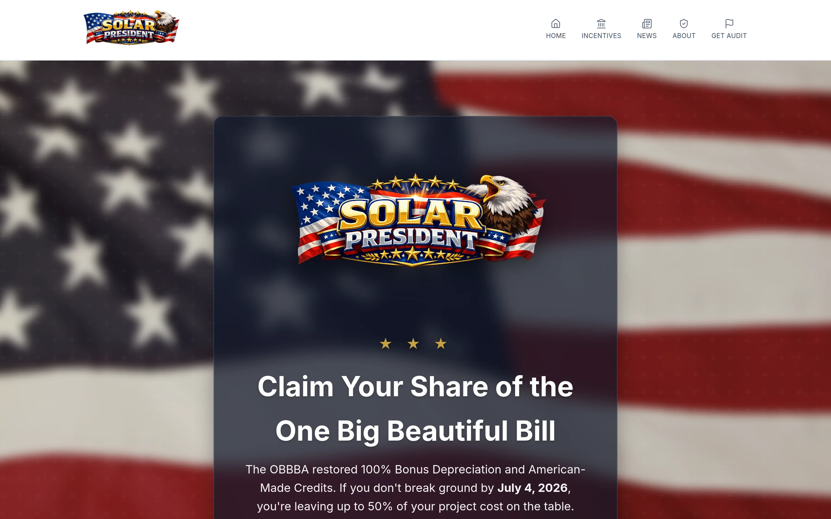 Solar President — One Big Beautiful Bill — commercial solar tax-credit calculator and lead funnel before the July 5, 2026 deadline.