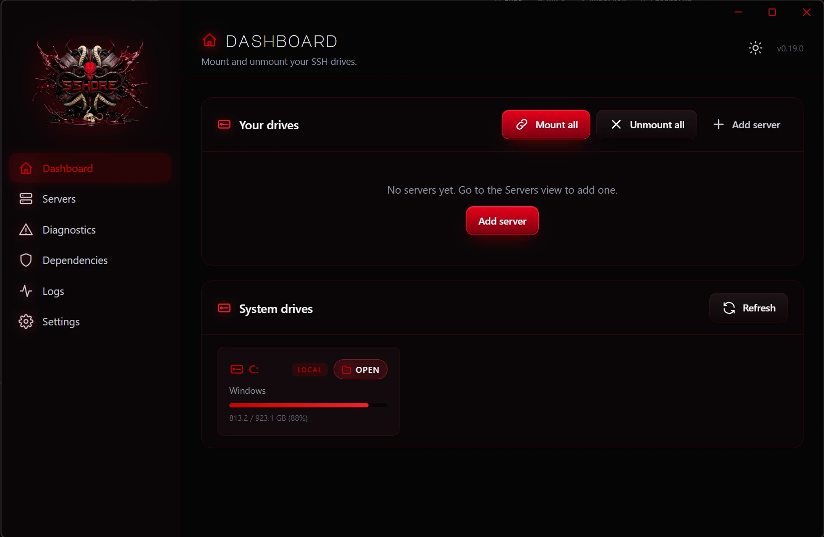 SSHore dashboard (empty)