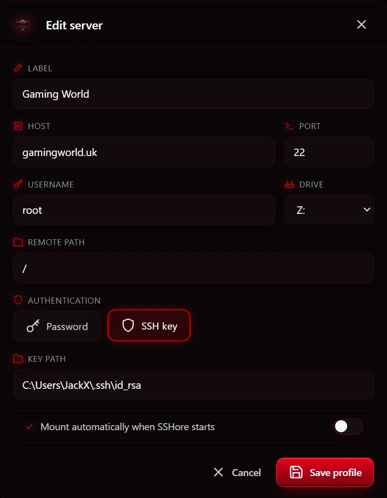 Edit server dialog