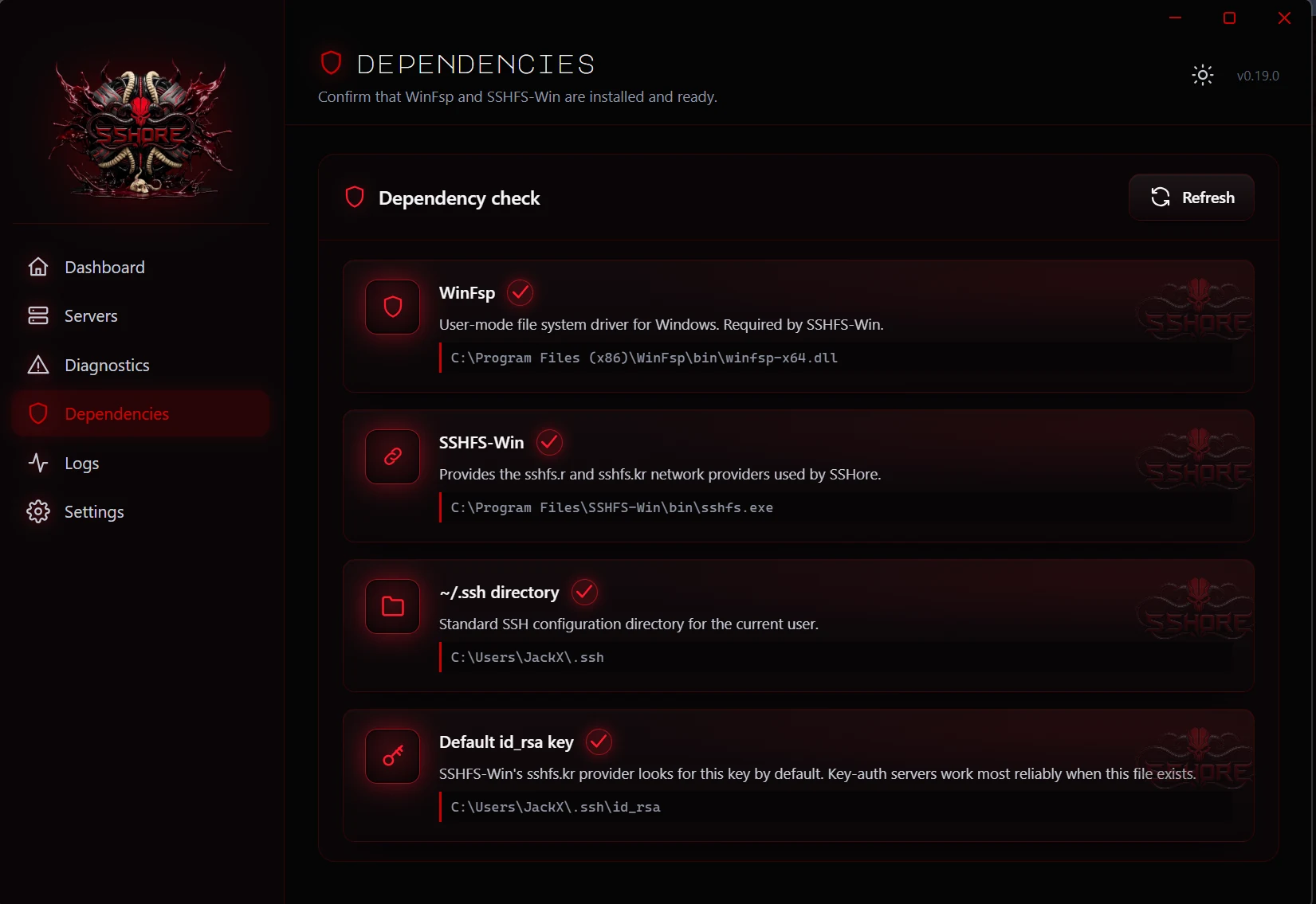 Dependencies view with WinFsp and SSHFS-Win cards