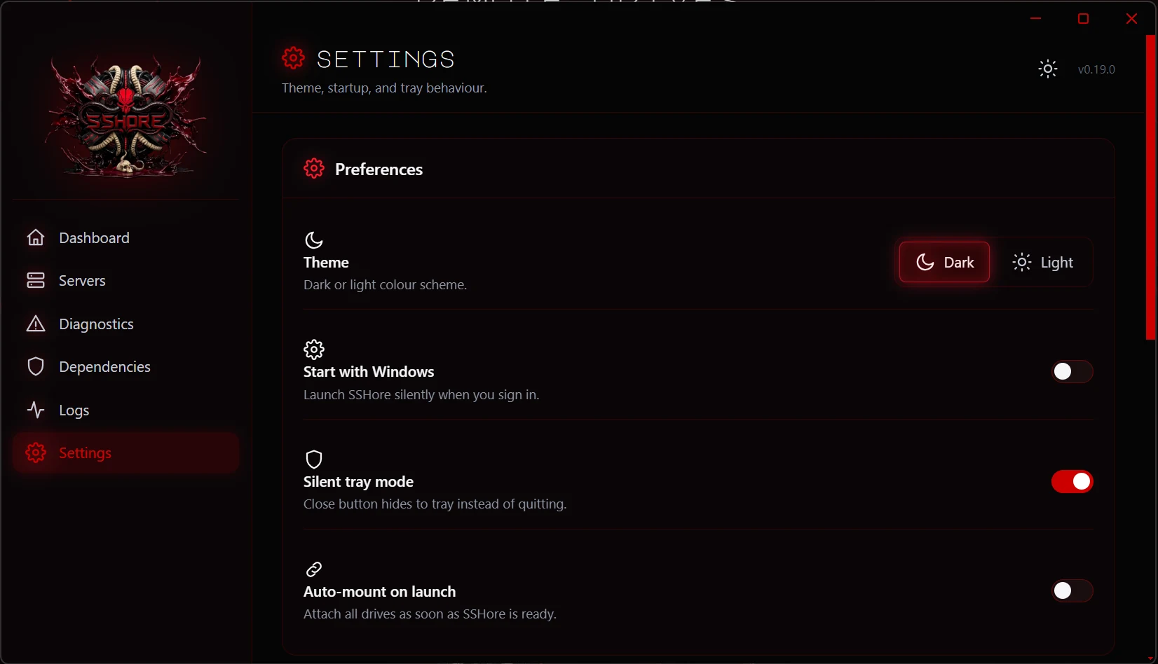 SSHore settings view