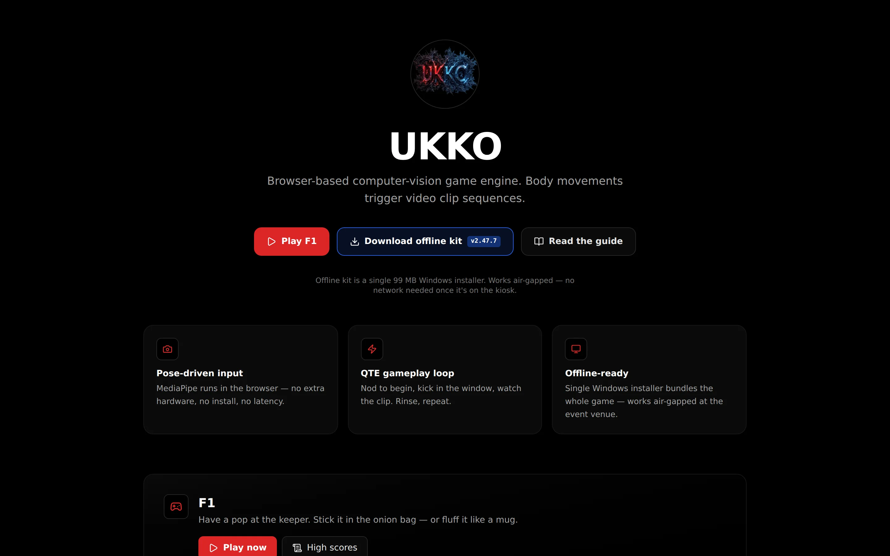 UKKO — Browser-based computer-vision game engine — your body is the controller, video clips are the world.